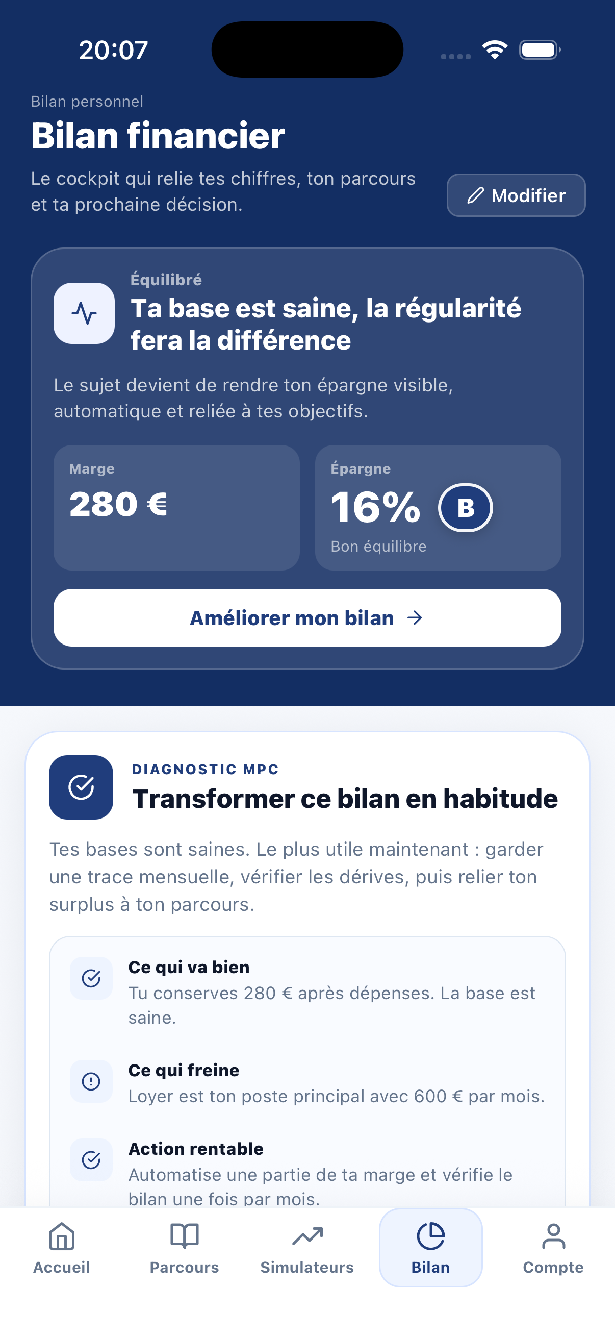 Capture réelle du bilan financier de l'application Mon Petit Capital